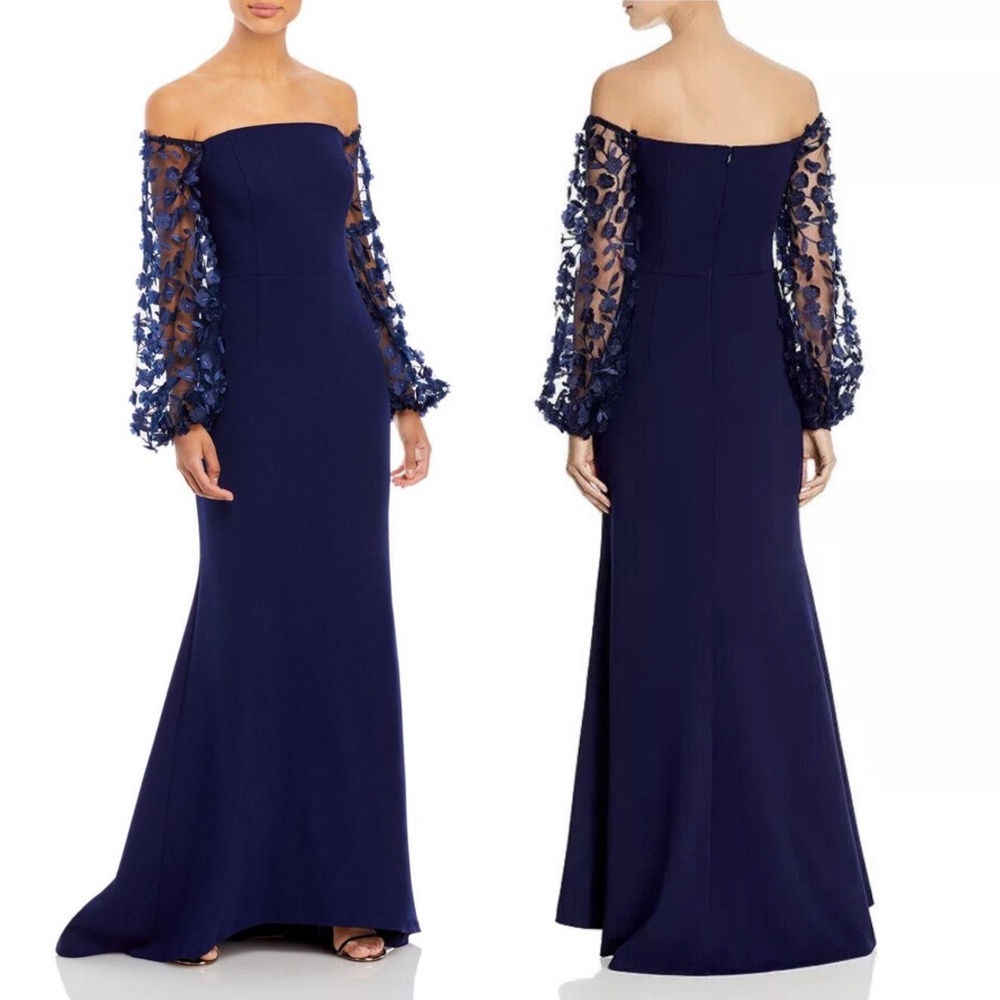 NEW ELIZA J Navy OFF THE SHOULDER 3D Floral Sleeve CREPE Evening Dress GOWN